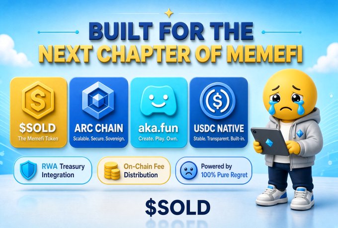 A promotional graphic titled "BUILT FOR THE NEXT CHAPTER OF MEMEFI" advertises the $OLD token, featuring icons for Arc Chain, aka.fun, and USDC Native, alongside a crying cartoon character holding a tablet.