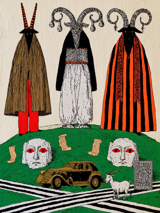 Three stylized figures with animal-headed silhouettes (horned, ram, and bell-adorned) stand atop a green mound alongside two pale masks with red eyes, a vintage car, a goat, and scattered scrolls. The post references STEPN, an NFT-based move-to-earn game, but the illustration itself contains no related text, numbers, or branding—appearing instead to be an unrelated dark fantasy or occult-themed artwork the user shared as their "today's" post unrelated to the STEPN stats above.