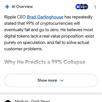A Google AI Overview states that Ripple CEO Brad Garlinghouse believes 99% of cryptocurrencies will eventually fail, with a 'Show more' button and a Medium source attribution.