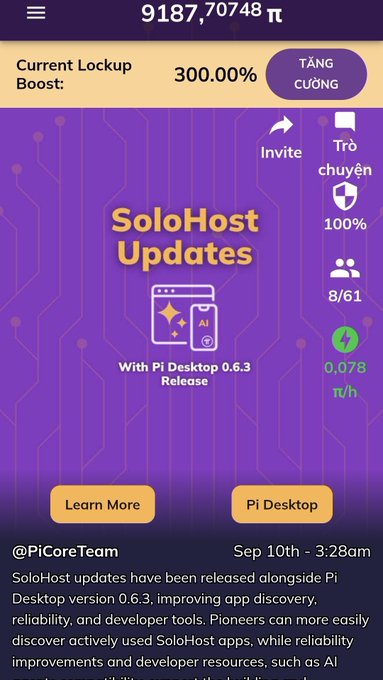 A Pi Network app screenshot shows a balance of '9187,70748 π', a 'Current Lockup Boost' of '300.00%', and announces 'SoloHost Updates' with the release of 'Pi Desktop 0.6.3' on Sep 10th.