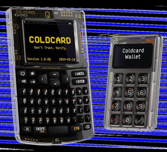 The image shows two Coldcard hardware wallets—a Q model displaying "Version 1.0.6Q, 2024-03-18" with the slogan "Don't Trust. Verify," and an Mk5 model showing "Coldcard Wallet." The image illustrates the post's warning about a security vulnerability in older Coldcard firmware that allowed 18 BTC (~$1.6 million) to be stolen from a supposedly secure cold wallet, emphasizing the need to keep wallet firmware updated.