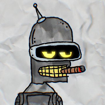 A cartoonish robot illustration on a crumpled paper background, featuring a metal helmet with an antenna, glowing yellow eyes, and a cigar in its mouth.