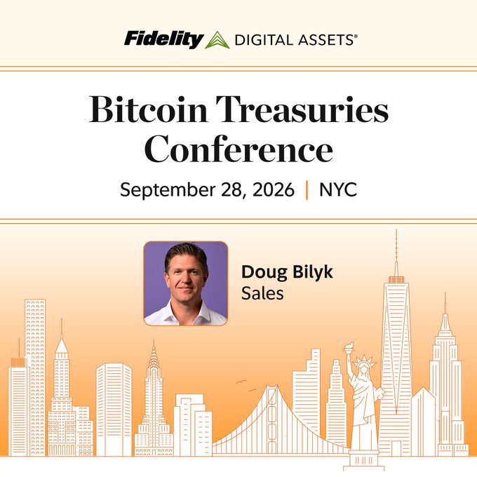 A Fidelity Digital Assets promotional graphic for the 'Bitcoin Treasuries Conference' on September 28, 2026 in NYC, featuring speaker Doug Bilyk from Sales against a San Francisco skyline backdrop.