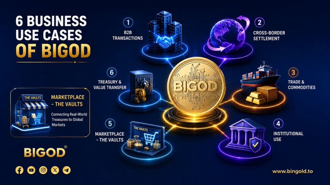 An infographic titled '6 BUSINESS USE CASES OF BIGOD' displaying a central gold coin surrounded by icons representing B2B transactions, cross-border settlement, trade, institutional use, marketplace, and treasury.