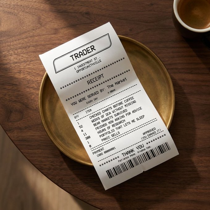 A mock receipt for 'TRADER' at '1 INVESTMENT ST, OPPORTUNTVILLE' listing items including 'CHECKED CHARTS BEFORE COFFEE', 'BEAR MARKET SURVIVED', 'HOURS OF RESEARCH', and 'PORTFOLIO THAT LETS ME SLEEP', placed on a brass tray.