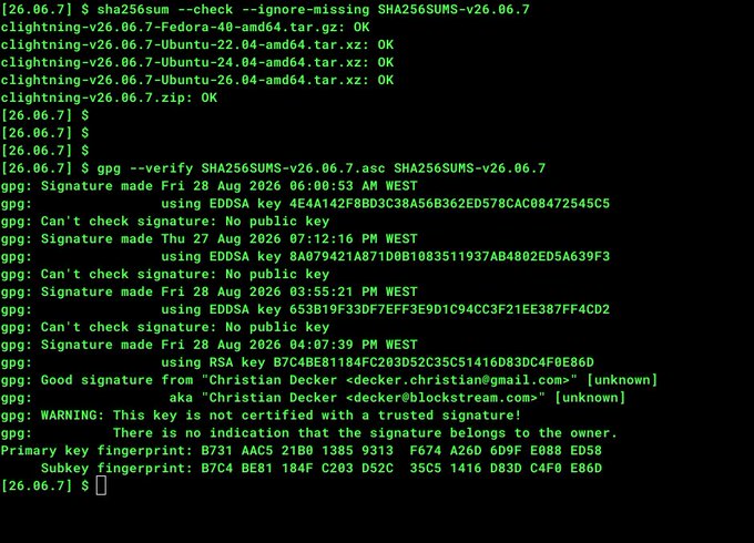A black terminal screen displays command-line verification output, including sha256sum checks marked 'OK' and gpg signature verifications for 'SHA256SUMS-v26.06.7.asc' by 'Christian Decker <decker.christian@gmail.com>', showing a good signature.