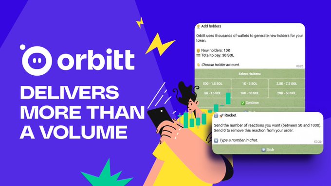 An advertisement for 'orbitt' stating it 'DELIVERS MORE THAN A VOLUME,' featuring a woman holding a phone and chat screenshots for adding holders and purchasing 'Rocket' reactions on the Orbitt service.