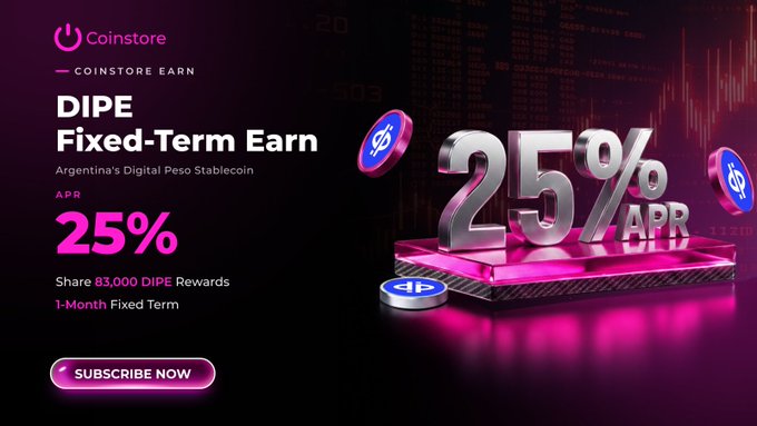 A promotional banner for Coinstore Earn advertising a DIPE Fixed-Term Earn product offering 25% APR, with text 'Argentina's Digital Peso Stablecoin', 'Share 83,000 DIPE Rewards', and '1-Month Fixed Term' alongside a 'SUBSCRIBE NOW' button.