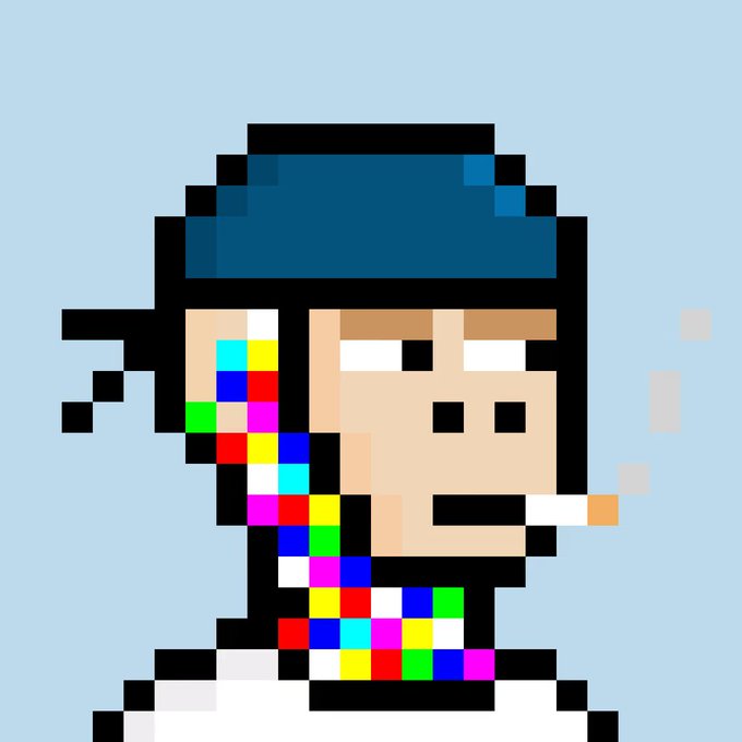 A pixel art portrait of a character with a blue cap, smoking a cigarette, with a colorful glitch-like stripe running down their face against a light blue background.