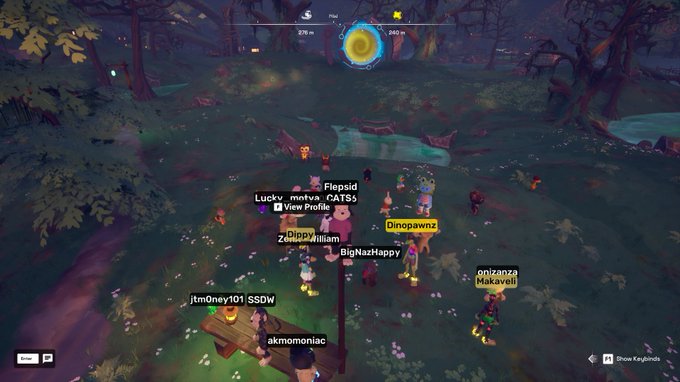 A screenshot of a multiplayer video game showing several player characters with usernames like "Lucky", "Elepsid", and "Dinopawnz" gathered near a glowing portal in a forest setting.