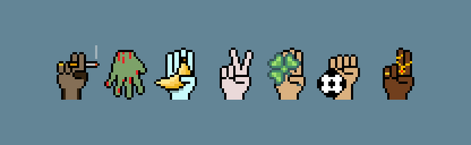 A horizontal lineup of seven pixel art hands against a gray-blue background, each holding a different object like a smoking cigarette, money, a peace sign, and a soccer ball.
