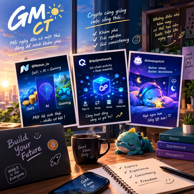 A colorful promotional graphic titled 'GM CT' featuring various Web3 project cards including @Nasun_io, @guipnetwork, and @sleepagotchi, with a small dragon figurine, a 'Good Vibes Only' coffee mug, and a laptop displaying 'Build Your Future' and 'Web3 is for Everyone'.