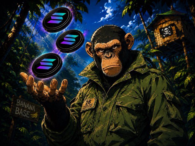 A chimp soldier in a camouflage jacket conjures three Solana (SOL) coins at "Banana Base," with a wooden pirate hut displaying a skull-and-crossbones flag in the jungle background, referencing the post's celebration of SOL hitting $100.