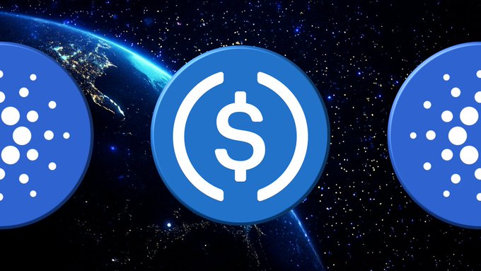Three blue cryptocurrency tokens, including a central USDC token, float against a backdrop of Earth from space, visually representing the news of over 700,000 USDCx minted on Cardano in the past 24 hours.