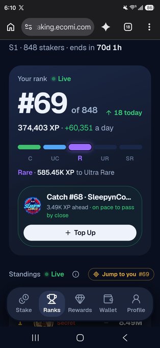 A mobile website screen shows an “aking.ecomi.com” leaderboard: “Your rank #69 of 848,” “374,403 XP,” “+60,351 a day,” and a card for “Catch #68 · SleepynCo...” with “+ Top Up.”