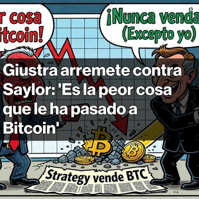 A satirical political cartoon shows an enraged red-faced figure on the left shouting "...r cosa itcoin!" ("...r cosa de Bitcoin!") and a smug suited character on the right declaring "¡Nunca venda (Excepto yo)" ("Never sell (Except me)"), standing over a broken pile of Bitcoin coins with a downward red chart, overlaid with the headline "Giustra arremete contra Saylor: 'Es la peor cosa que le ha pasado a Bitcoin'" and a newspaper reading "Strategy vende BTC," visually mocking the hypocrisy of billionaires criticizing Strategy's BTC sale of 1,638 BTC ($104.73M) amid Bitcoin trading at $63,836, 50% below its peak.