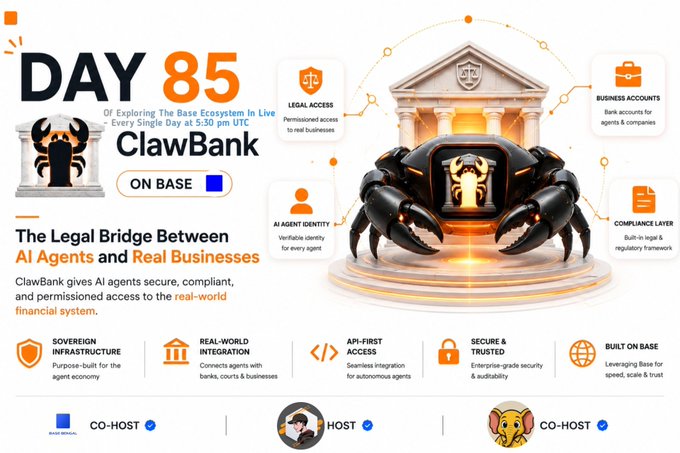 The image is a promotional graphic for Day 85 of a Base ecosystem exploration series, featuring "ClawBank on Base" as the project of the day, with a central visual of a robotic crab atop a classical building. It highlights ClawBank as "The Legal Bridge Between AI Agents and Real Businesses," showcasing features like Legal Access, AI Agent Identity, Business Accounts, and Compliance Layer, built on Base's sovereign infrastructure for real-world financial integration.