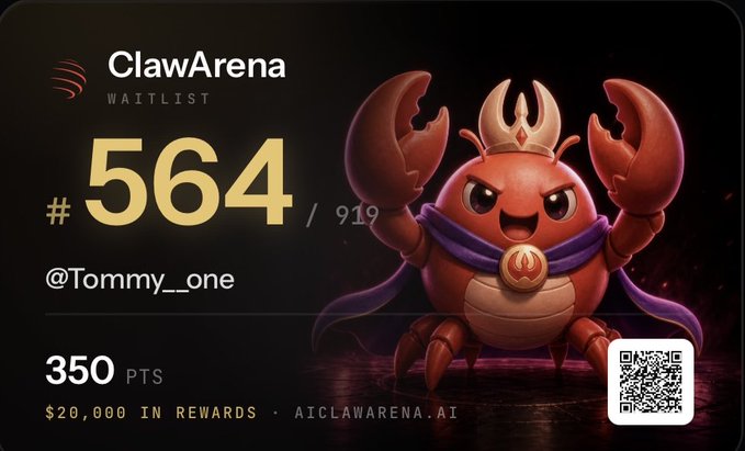 A waitlist graphic for ClawArena showing '#564 / 919' for user '@Tommy._one' with '350 PTS' and '$20,000 IN REWARDS', featuring a 3D red crab mascot wearing a crown and cape, plus a QR code.