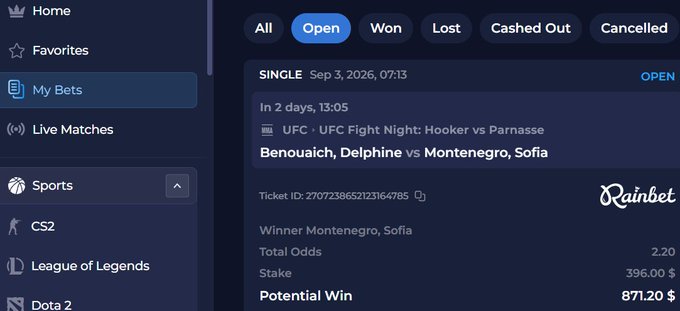 A screenshot of a sports betting platform showing an 'Open' bets section with a UFC Fight Night bet on Benouiach, Delphine vs Montenegro, Sofia with a stake of 396.00 $ and potential win of 871.20 $.