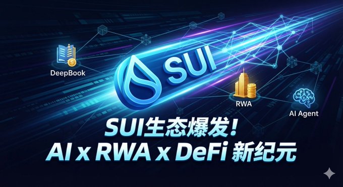 A promotional graphic featuring the SUI logo with text reading 'SUI生态爆发! AI x RWA x DeFi 新纪元' and icons for DeepBook, RWA, and AI Agent.