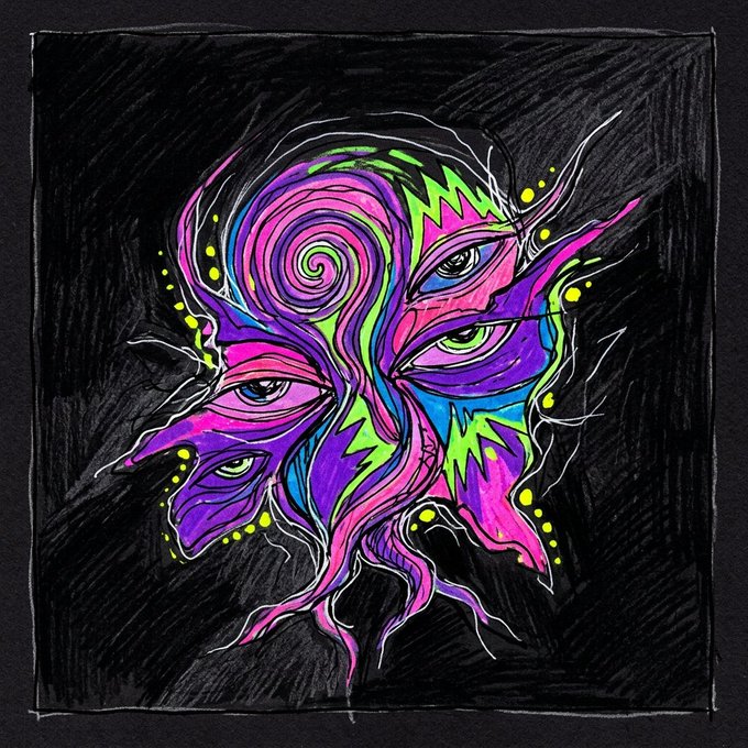 A vibrant, psychedelic digital or marker illustration featuring swirling patterns in purple, pink, blue, and green, with multiple eyes integrated into the abstract face against a black background.