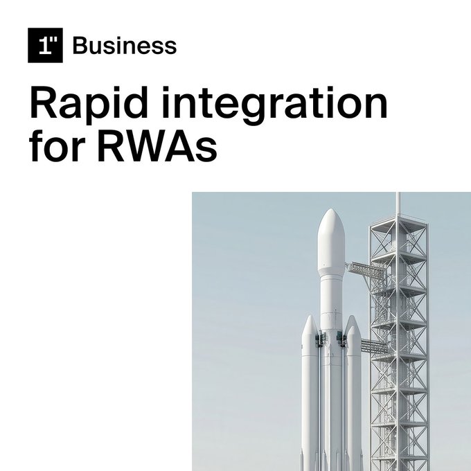 The image features a 1inch Business promotional graphic with the header "Rapid integration for RWAs" alongside a photograph of a rocket on a launch pad, visually symbolizing the swift, launch-ready deployment of their tokenized real-world asset and stock routing API for wallets, fintechs, and protocols.