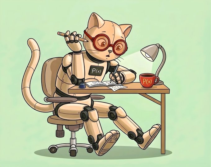 A digital illustration depicts a robotic cat wearing red glasses, sitting at a desk with a pencil, writing in a notebook next to a red mug labeled 'P(x)' under a desk lamp.
