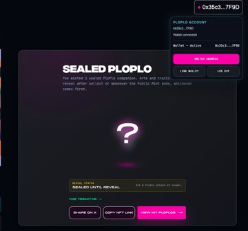 A dark webpage titled "SEALED PLOPLO" describes a sealed NFT campaign with trading perks, showing a wallet address 0x35c3...f9fD connected to a "PLOPLO ACCOUNT" wallet on Ritual_FND. The post discusses the author's experience minting a Ploplo NFT for 0.1 ETH on the Ritual platform, and the image displays the NFT's sealed reveal interface with an undisclosed value countdown.