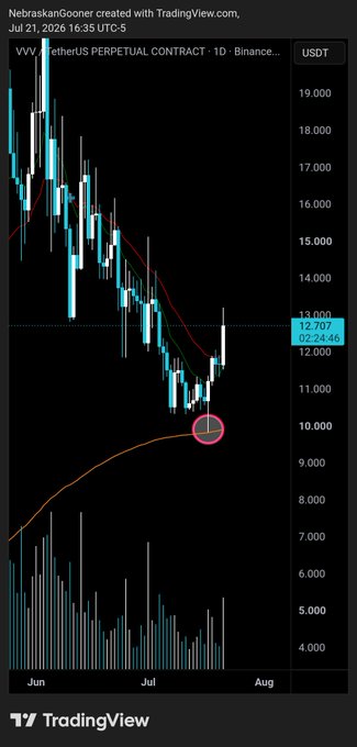 A daily chart of the VVV/USDT perpetual contract on Binance shows a sharp bounce off the highlighted ~$10,000 support level, with the red circle marking the reversal point as price rallied back toward $12,707 — illustrating the "obvious" bounce referenced in the post.