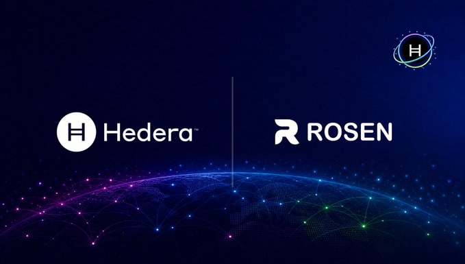 The image is a co-branded graphic featuring the Hedera and Rosen logos against a dark, networked globe background, visually representing their partnership to bring AI-driven cross-border payments and digital economy access to underserved global populations using Hedera and USDC.