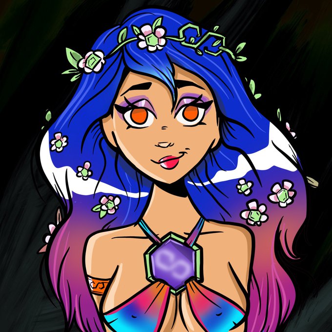 A digital illustration of an anime-style female character with flowing blue and purple hair adorned with flowers and a green vine crown, wearing a halter top with a purple gem.