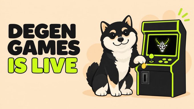 A cheerful cartoon black-and-white Shiba Inu sits next to a green-and-black arcade machine, beside bold text reading "DEGEN GAMES IS LIVE." The illustration matches the post's launch announcement, depicting Manyu's "first coin" being inserted into the arcade to kick off the @DegenGamesVIP launch on Robinhood Chain, where 0.3% of every trade buys back and burns $MANYU.
