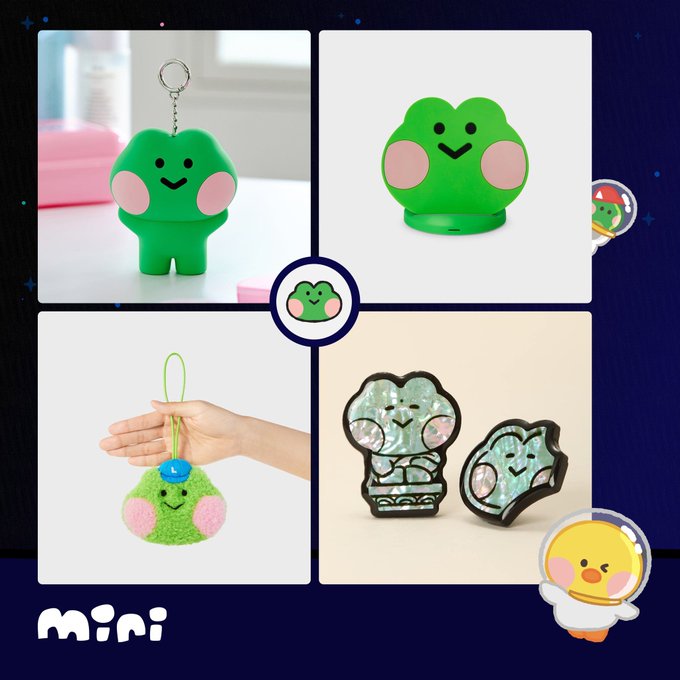 A promotional collage of four green frog character merchandise items including a keychain, figurine, plush, and key cover, with the 'mini' logo and a chick mascot at the bottom.