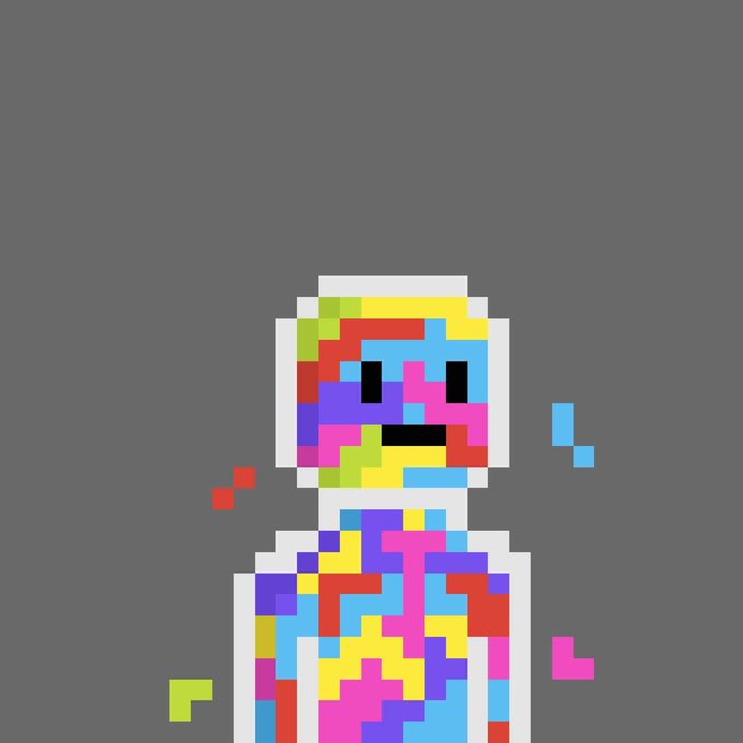 A pixelated character made of colorful blocks stands against a gray background with a few scattered pixel shapes floating nearby.