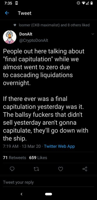 A screenshot of a tweet from crypto commentator @CryptoDonAlt (@DonAlt) dated March 13, 2020, arguing that the previous day's crash was the "final capitulation" and that anyone who didn't sell then would "go down with the ship" — a prescient call referenced in the post praising DonAlt's foresight during the COVID-era market crash.
