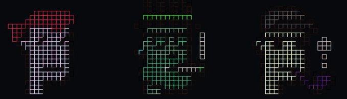 Three pixel-art house designs shown as blueprints on a black background, in red, green, and white color schemes.
