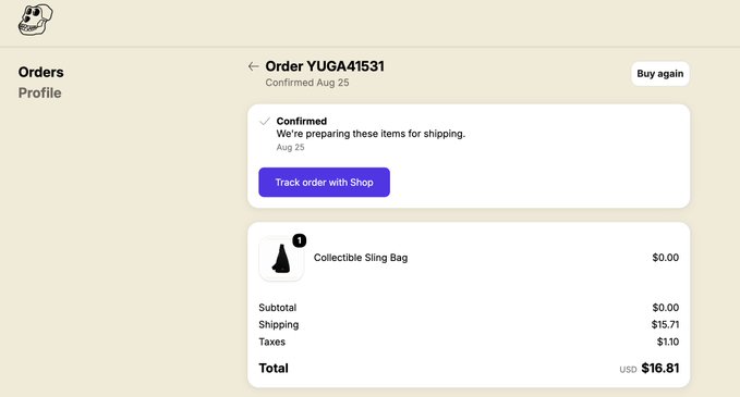 An order confirmation page for 'Order YUGA41531' shows a confirmed purchase for a 'Collectible Sling Bag' for $0.00, with a total of USD $16.81 including shipping and taxes.