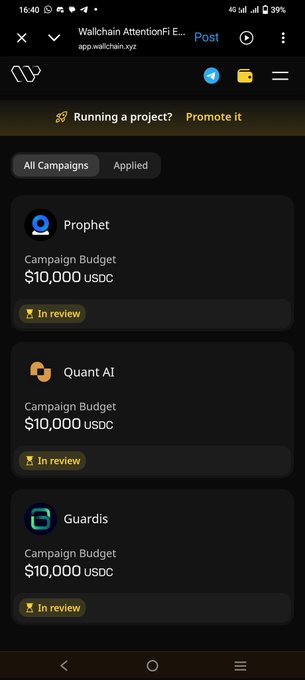 The image shows a phone screen displaying three different campaigns, each with its own set of requirements and costs. One of these campaigns is named "@wallchain", which has an application fee of $10,000. The other two campaigns have fees of $8,000 and $6,000 respectively. The app also provides a review rating system for the campaigns, allowing users to rate them out of 10.