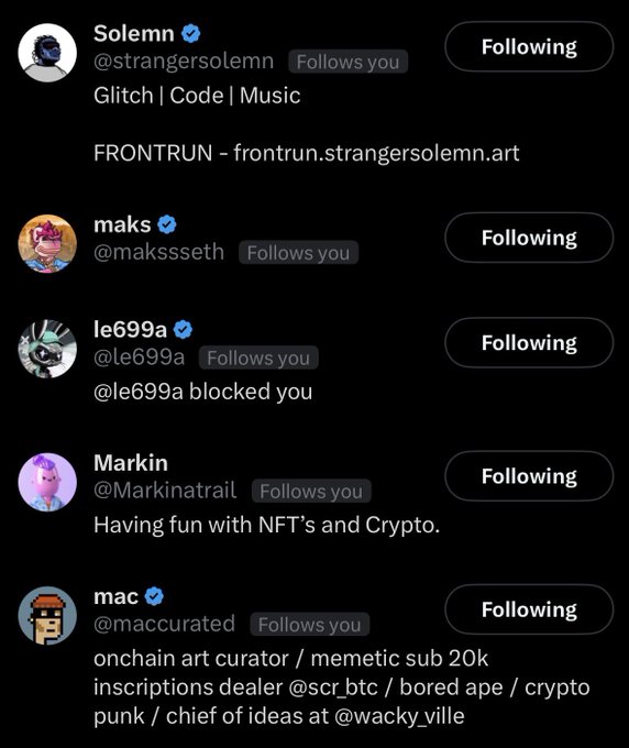 A list of X (Twitter) profiles showing several users who follow or have blocked the viewer, including Solemn (@strangersolemn), maks (@makssseth), le699a, Markin (@Markinatrail), and mac (@maccurated).