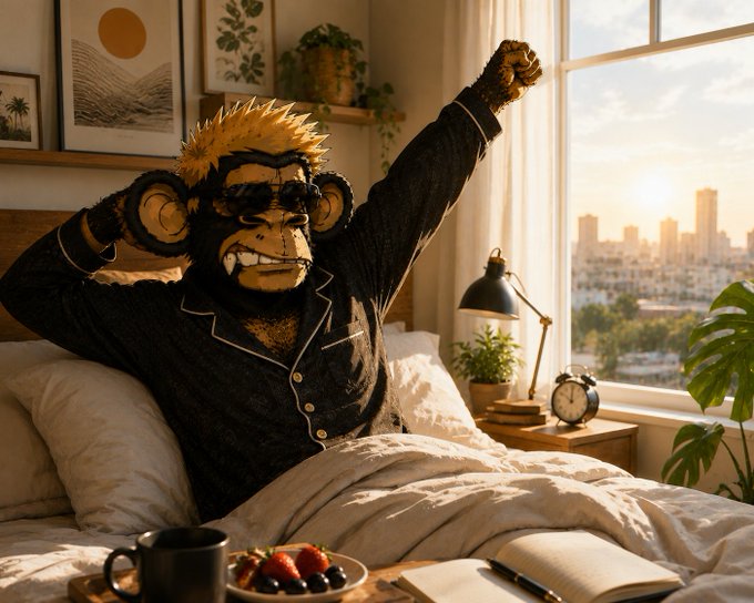 An anthropomorphic monkey wearing black pajamas stretches while waking up in a sunlit bed, with a breakfast tray of coffee, fruit, and an open book beside it.