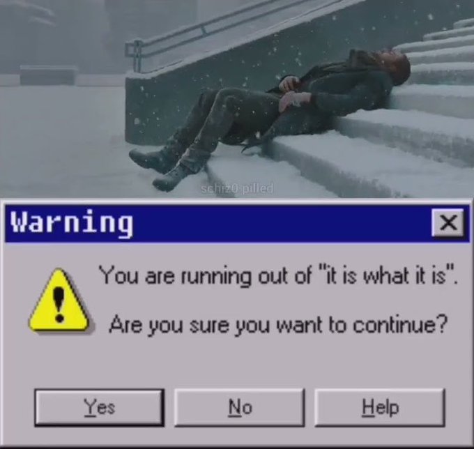 The image displays a warning screen about a virtual character falling off a ski slope with snowy stairs, as well as an error message that says "You are running out of it". The error message includes three buttons labeled "Help", "Yes", and "No". This indicates that there is assistance available for the user to understand and navigate through the situation.