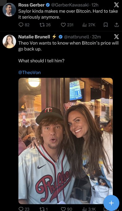 A screenshot shows Ross Gerber saying “Saylor kinda makes me over Bitcoin. Hard to take it seriously anymore,” while Natalie Brunell asks Theo Von, “What should I tell him?” beside a photo of the two together. The image satirizes the claim that Bitcoin has lost its edgy appeal as mainstream figures like Brunell, Von, Gerber, and BlackRock have adopted it, framing altcoins as the next frontier.