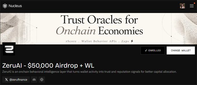 A screenshot of the 'Nucleus' website promotes 'ZeruAI - $50,000 Airdrop + WL' under a banner reading 'Trust Oracles for Onchain Economies'.