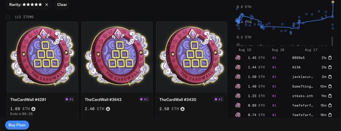 An NFT marketplace page showing three 'TheCardWall' tokens (#4281, #3043, #3430) with prices in ETH and a sales chart on the right.