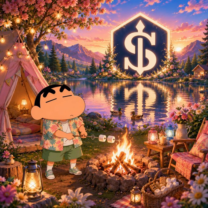 A cartoon character roasts marshmallows at a glowing lakeside campsite, with the $SHIP logo prominently displayed in the sky above a tranquil sunset scene. The cozy, dual-setting imagery mirrors the post's theme of two distinct layers—a permissionless $SHIP ecosystem and a separate RWA investment layer—visually separating the casual, community side from the formal, asset-backed side of the EthraShip project.