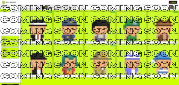 A green background overlaid with repeated 'COMING SOON' text, showing pixelated character sprites faintly visible behind the text.