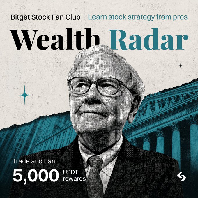 Promotional graphic for the "Bitget Stock Fan Club | Wealth Radar" featuring a black-and-white image of Warren Buffett, with text reading "Trade and Earn 5,000 USDT rewards," highlighting the Q3 campaign offering stock insights, trading strategies, and community engagement opportunities.