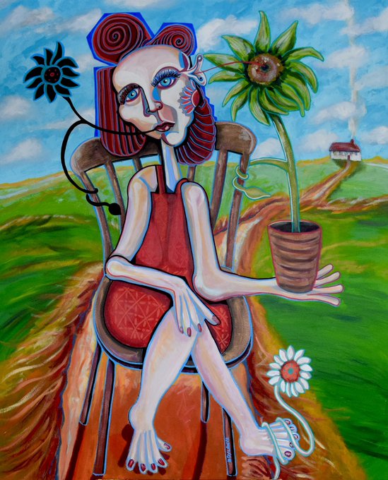 A stylized, surreal painting depicts a wide-eyed woman with spiral hair seated on a chair in a vibrant green landscape, holding a potted sunflower while her unusually elongated limbs extend outward. The image evokes the patience and persistence required to "keep holding $ETH," as the figure sits rooted like a growing plant, calmly nurturing her asset amid the rolling hills and distant house.