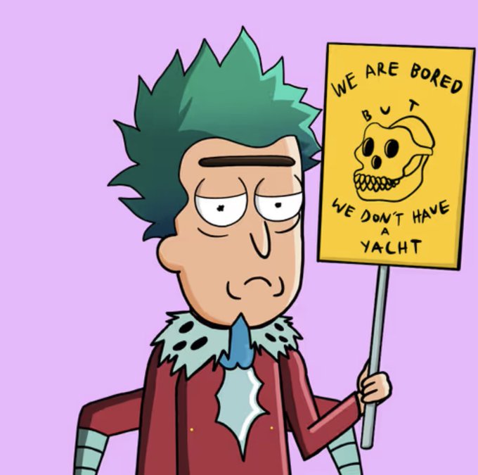 A cartoon character with green spiky hair and a red royal outfit holds a yellow sign reading 'WE ARE BORED BUT WE DON'T HAVE A YACHT' featuring a skull illustration.