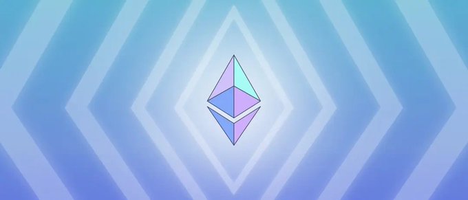 The Ethereum diamond logo in pastel purple, pink, and teal is centered against a layered blue diamond-patterned background, visually echoing the Ethereum Foundation branding mentioned for the Interfold livestream demo. The geometric design reinforces the cryptographic and confidential coordination theme of the event.